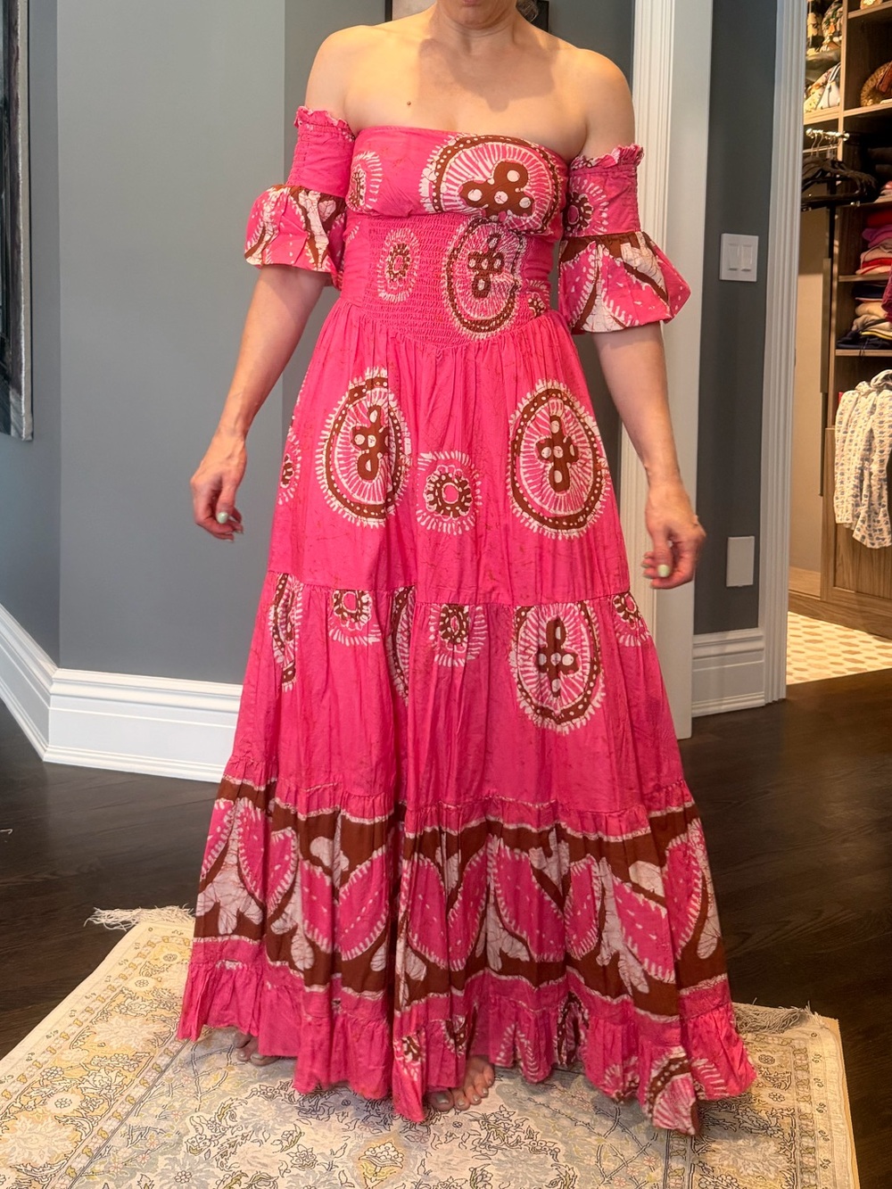 Off-Shoulder Pink Tiered Maxi Dress with Brown Motif